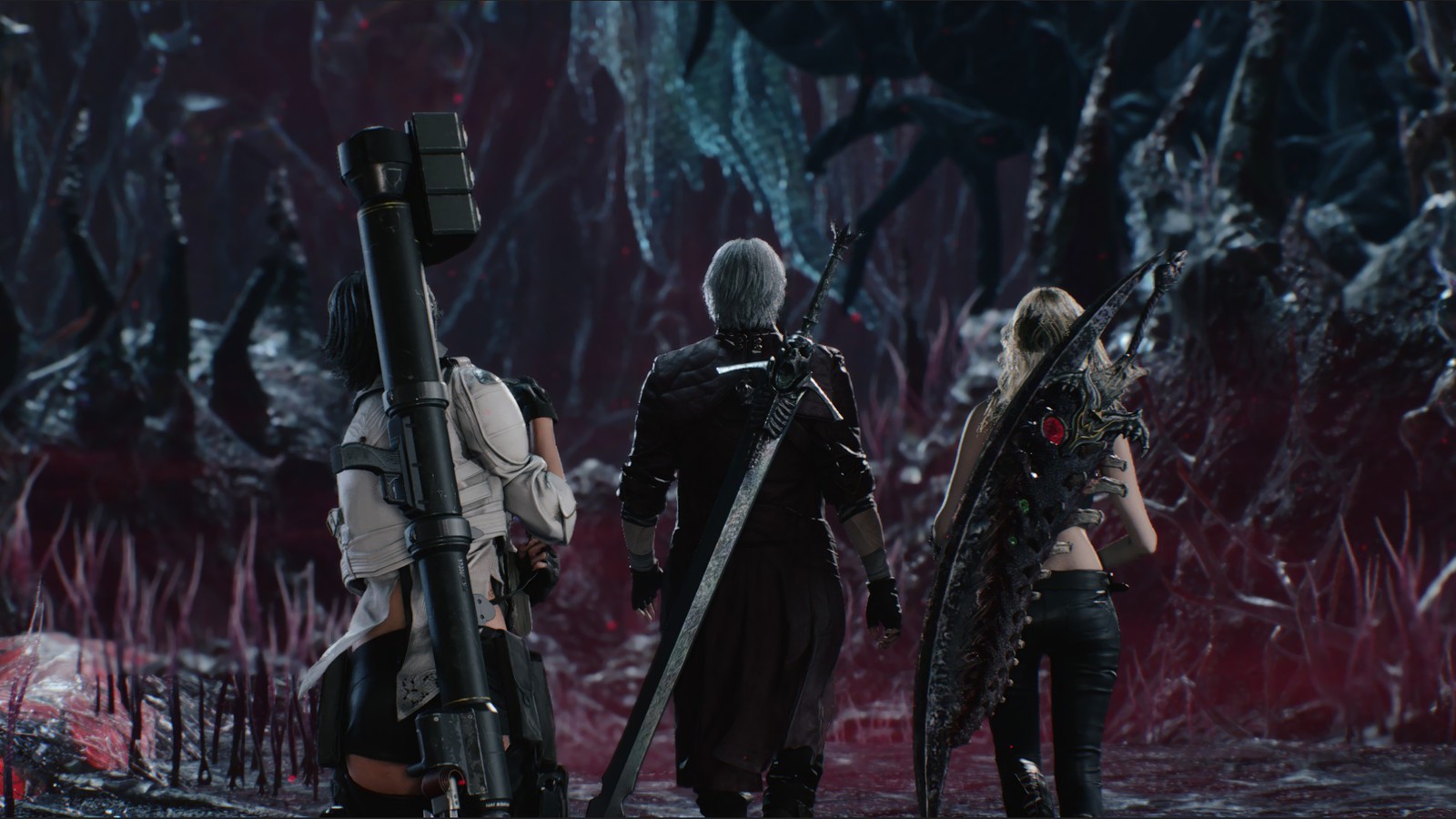 Lade devil may cry 5, videospiel, dame, dante, trish Hintergrund herunter