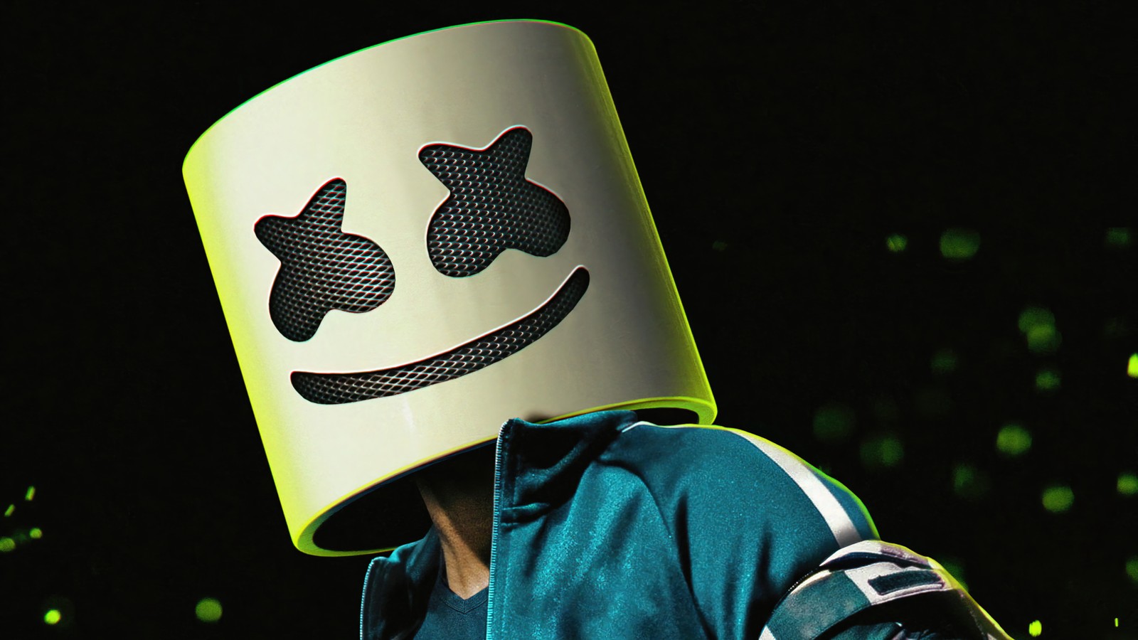 Araffe wearing a white helmet with a smiley face on it (dj, marshmello, american, celebrity)