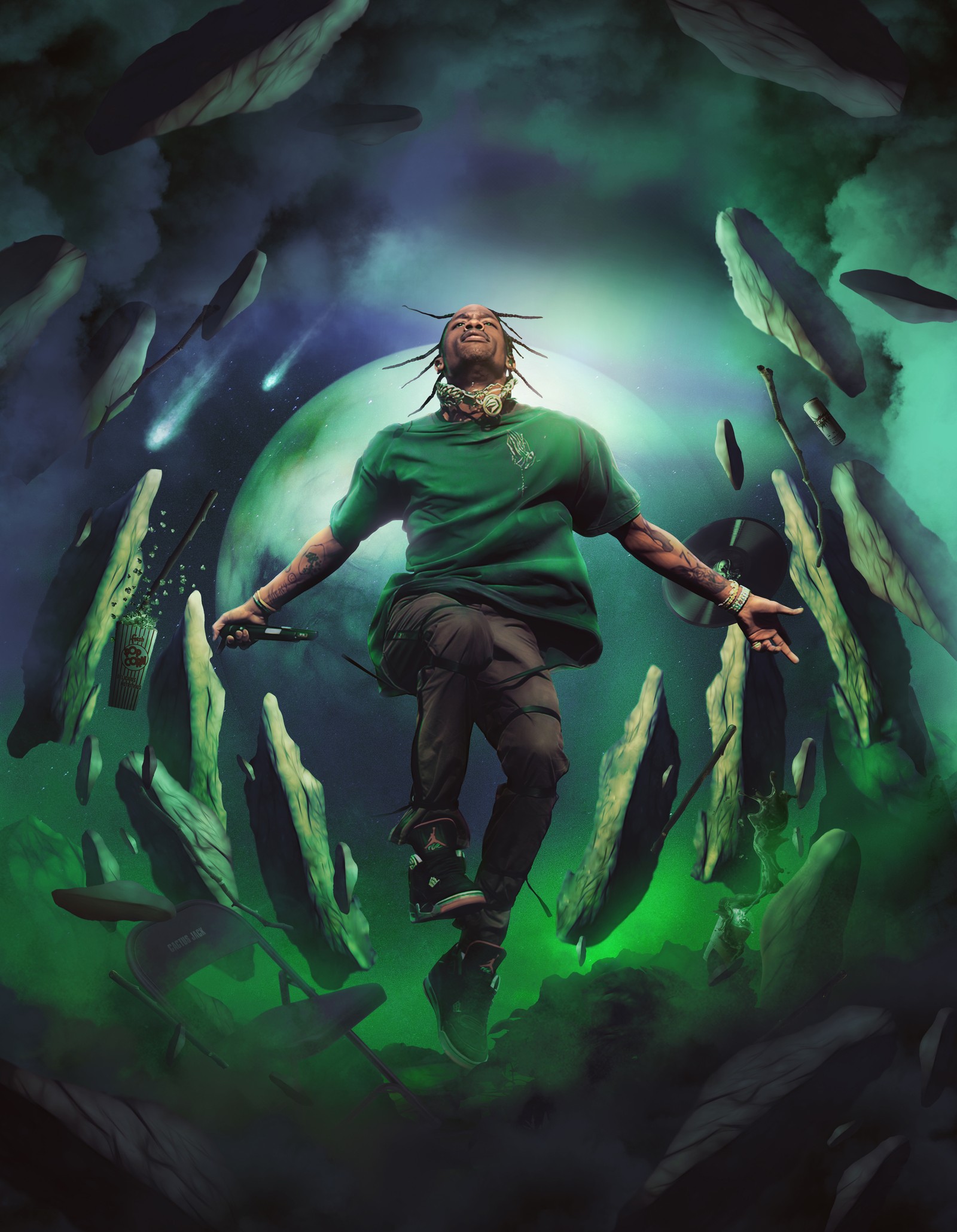 Arafed man in green shirt standing in a circular hole with fish (travis scott, utopia, 2023, music, 4k wallpaper)