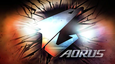 Логотип Aorus в динамичном цифровом искусстве с взрывными фоновыми эффектами