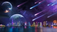 night, city, scenery, comet, planet wallpaper