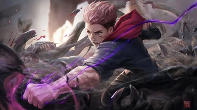 Yuji Itadori in a fierce battle against cursed spirits from Jujutsu Kaisen.