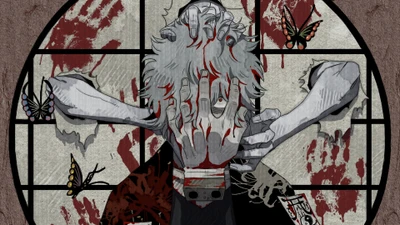 Tomura Shigaraki in einem gespenstischen Kunststil mit Schmetterlingen und Blut