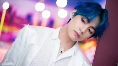 V de BTS con cabello azul vibrante, vestido con un elegante atuendo blanco, mira pensativo contra un fondo colorido.