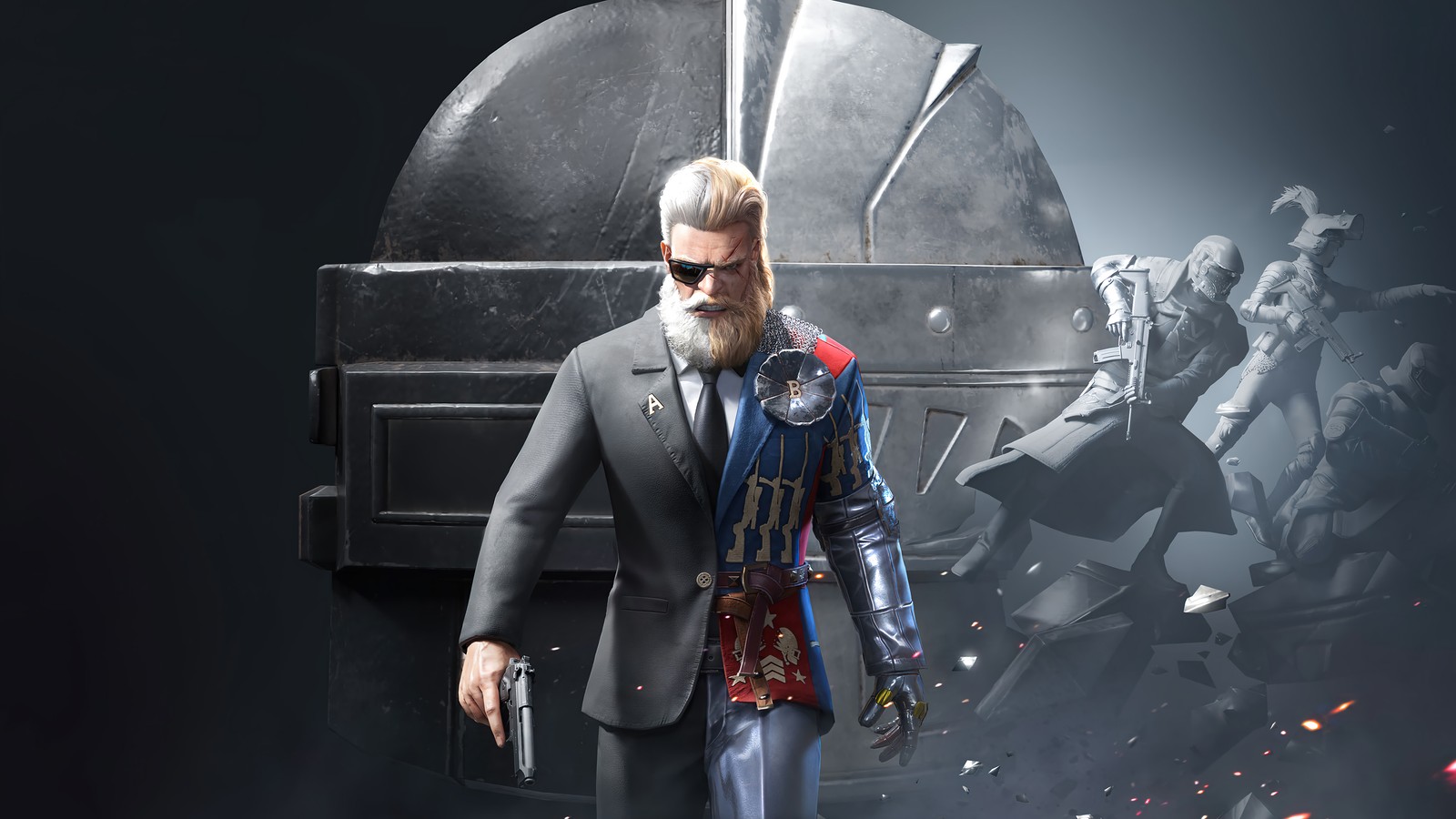 A close up of a person in a suit and sunglasses holding a gun (pubg mobile, pubg, playerunknowns battlegrounds, video game, modern lord)