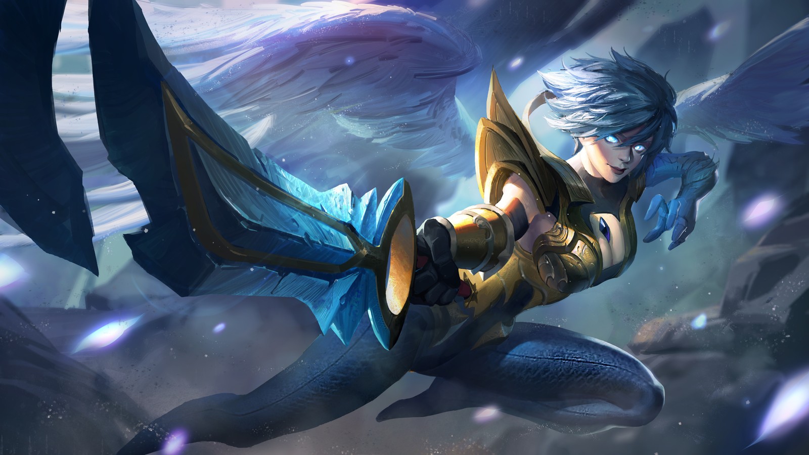 Une femme aux cheveux bleus et aux ailes volant dans les airs (riven, dawnbringer, lol, league of legends, jeu vidéo)