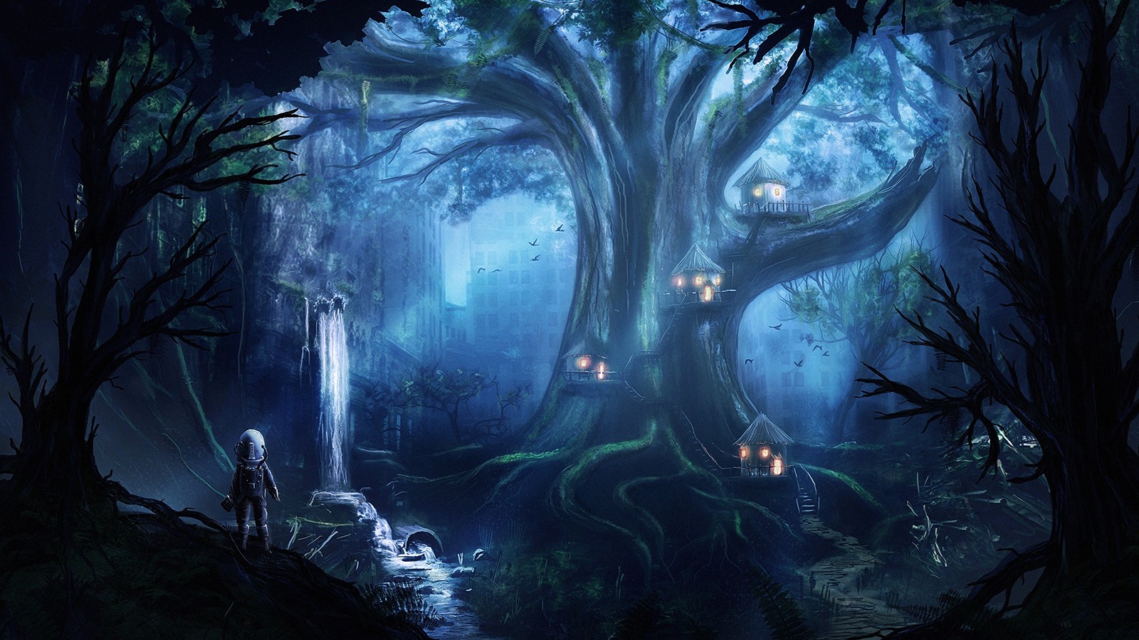 A woman standing in front of a tree with a waterfall (painting, art, darkness, forest, jungle)