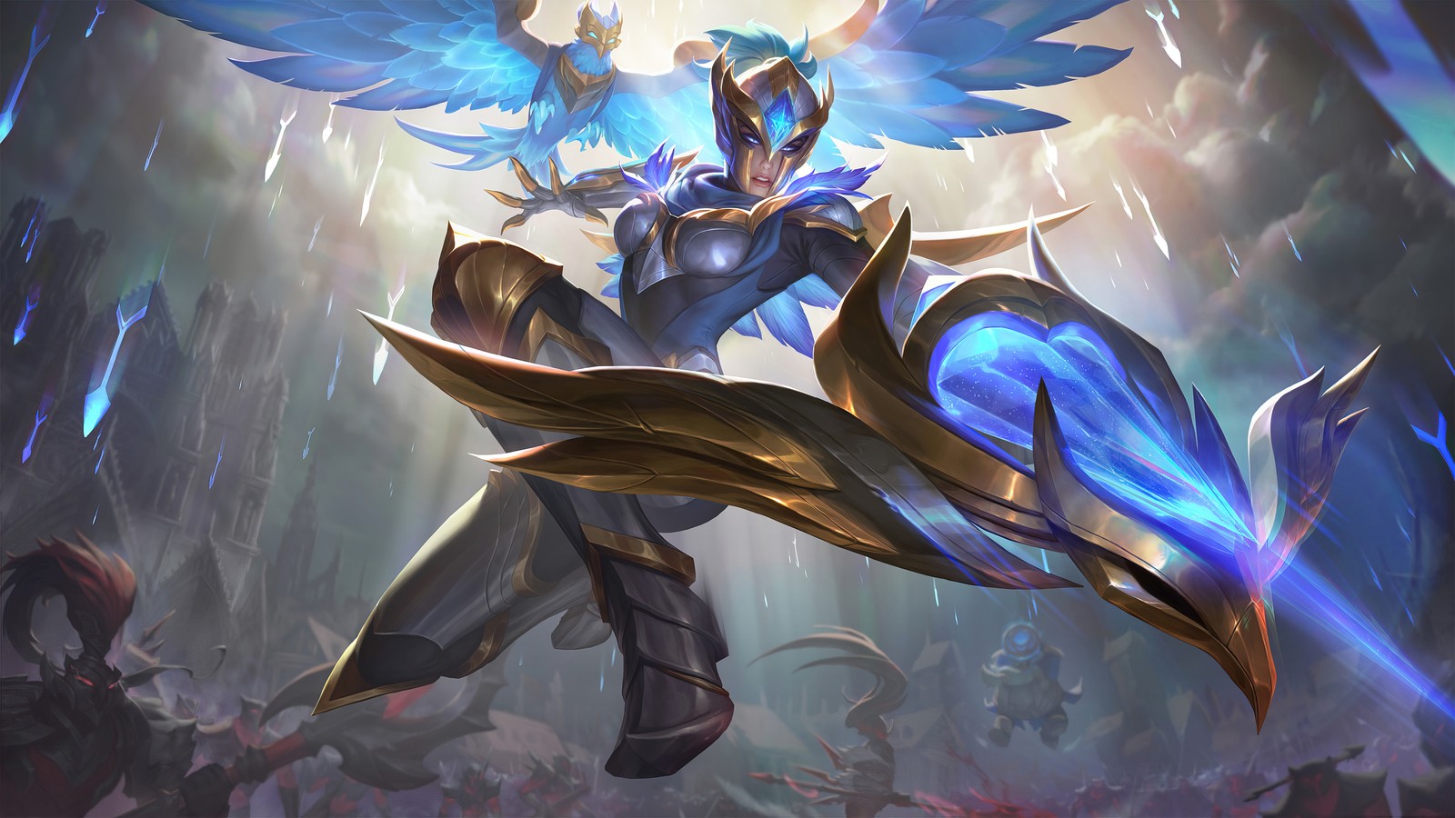 A woman with wings and a sword in a dark room (warden, quinn, league of legends, lol, video game)