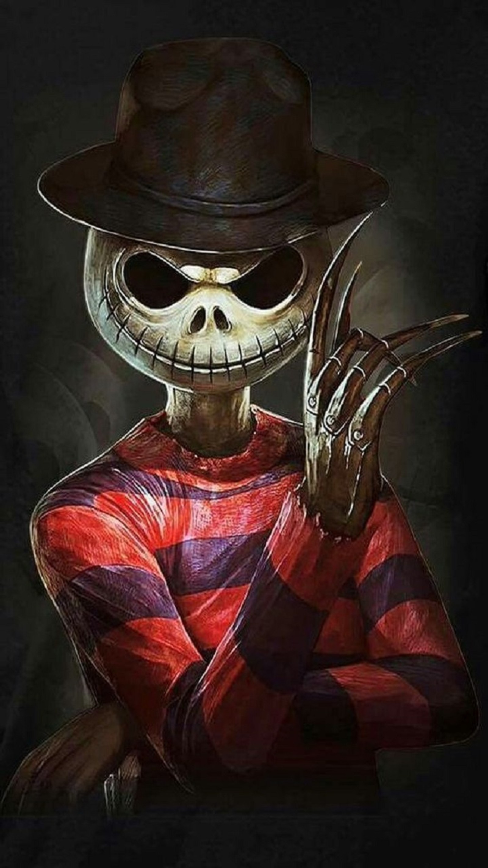 Ein arafed bild eines skeletts mit einem hut und einem roten hemd (crossover, ulme, freddy, horror, jack)