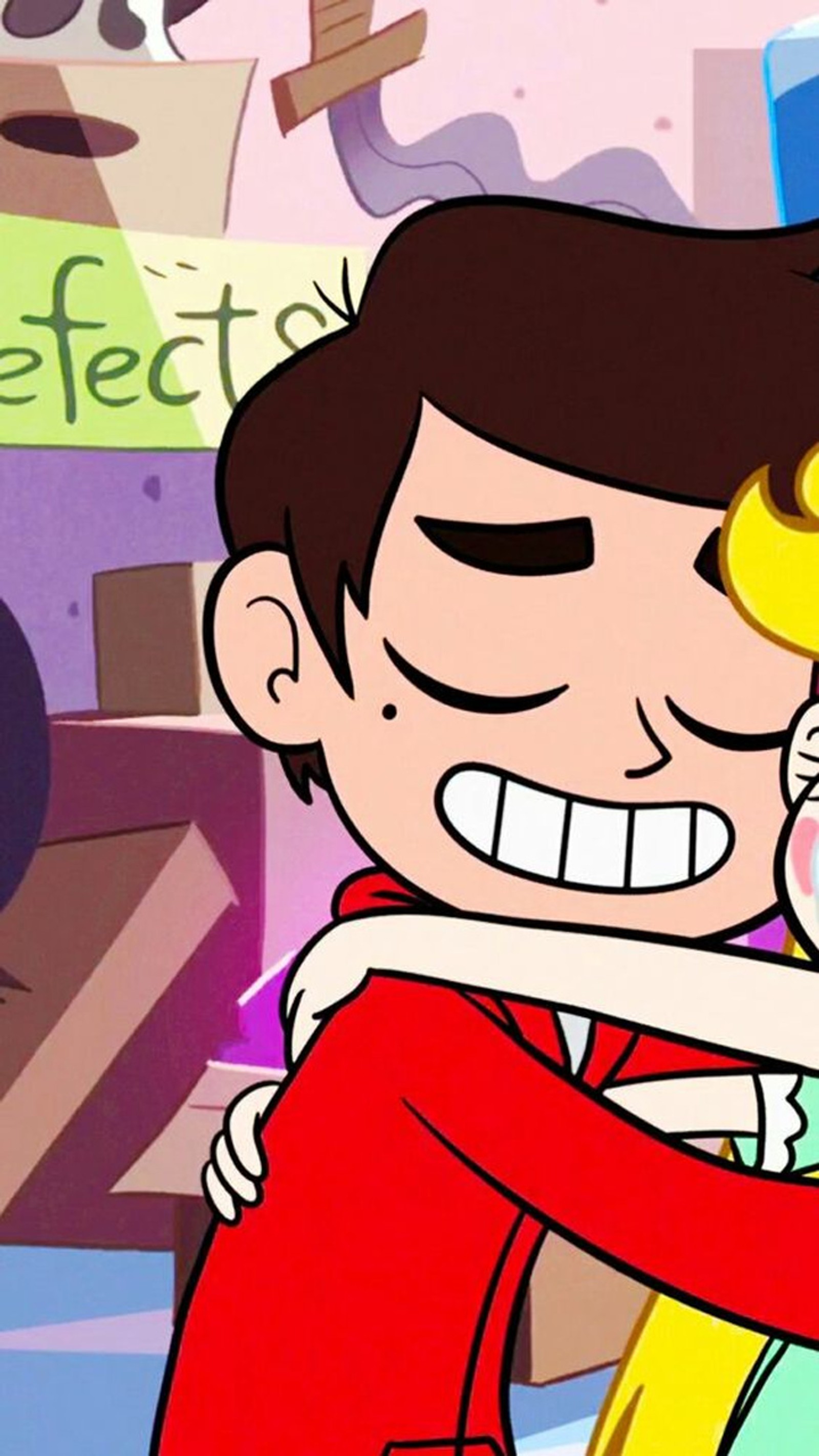 Cartoon characters hugging each other in a cartoon show (little, love, marco diaz, marcos diaz, mariposa estrella)