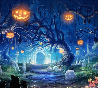 Enchanting Halloween Night with Grinning Jack-o'-Lanterns