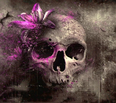 cabeza de calavera muerta, flor morada grunge