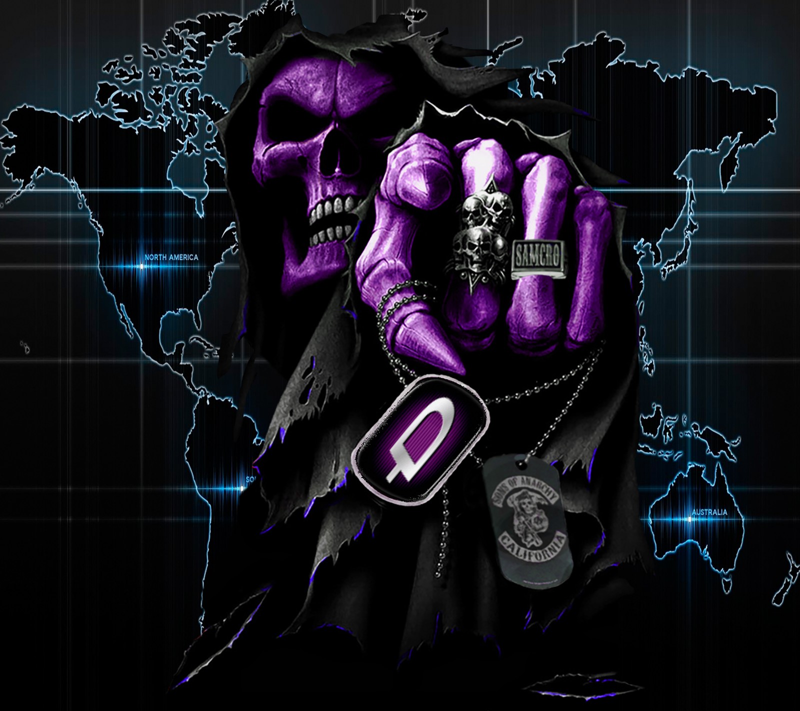 Purple skull with a chain around it and a map in the background (calavera, crew, mapa, zedge)