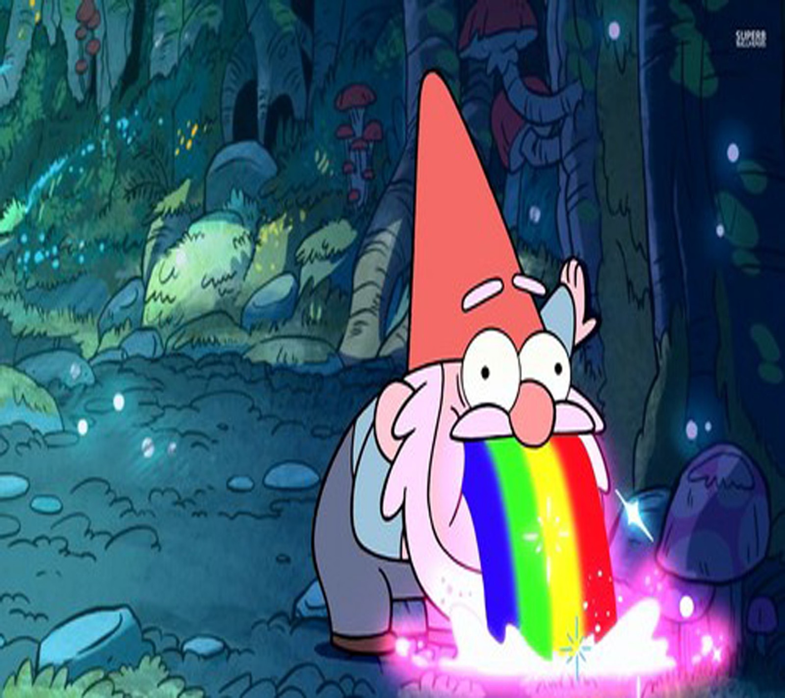 Personagem de desenho animado com uma bola de arco-íris em uma floresta (arcoiris, episode 1, gravity falls, arco íris)