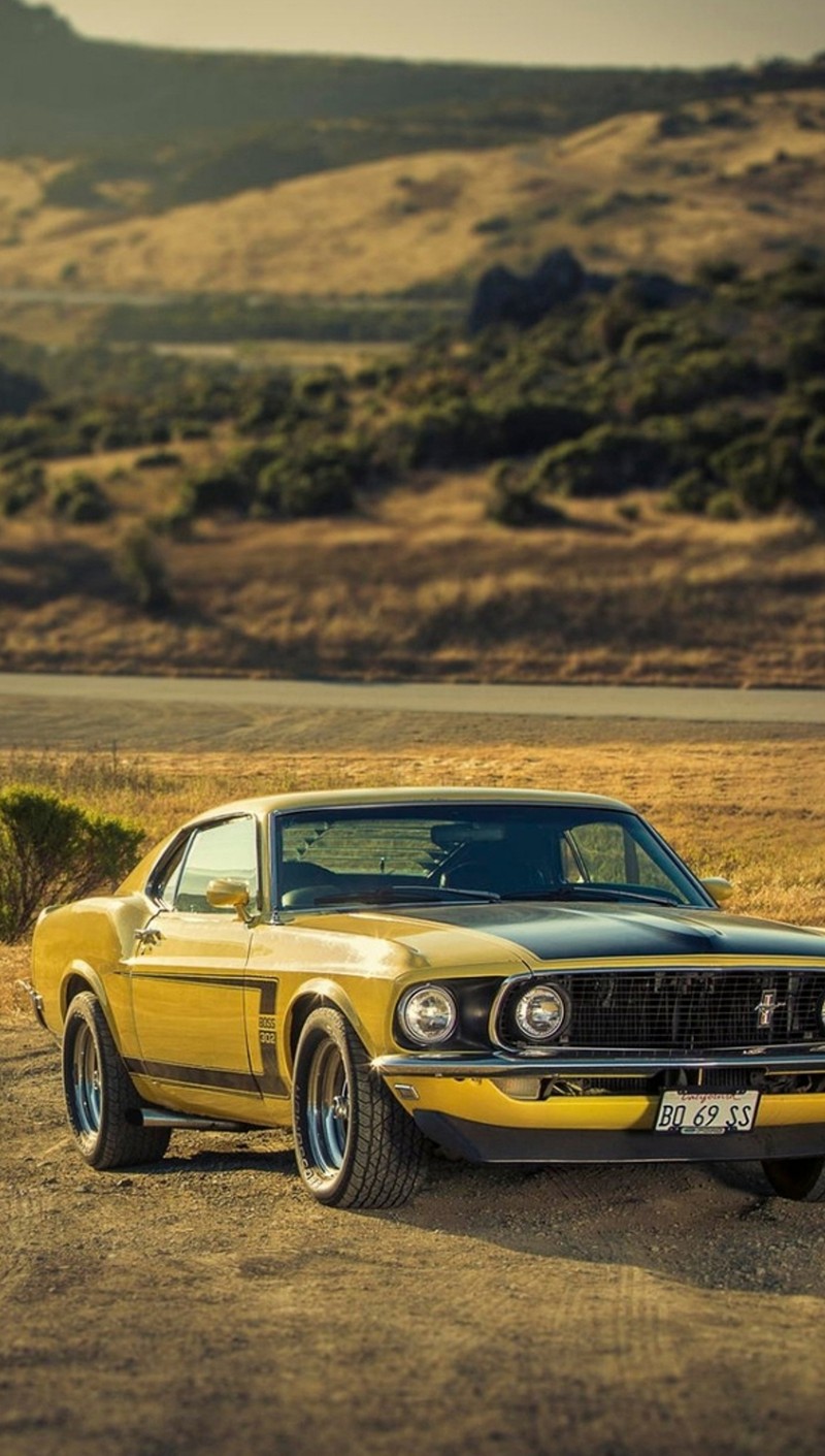 Желтый мустанг припаркован в поле с горами на заднем плане (машина, ford mustang, мускул)