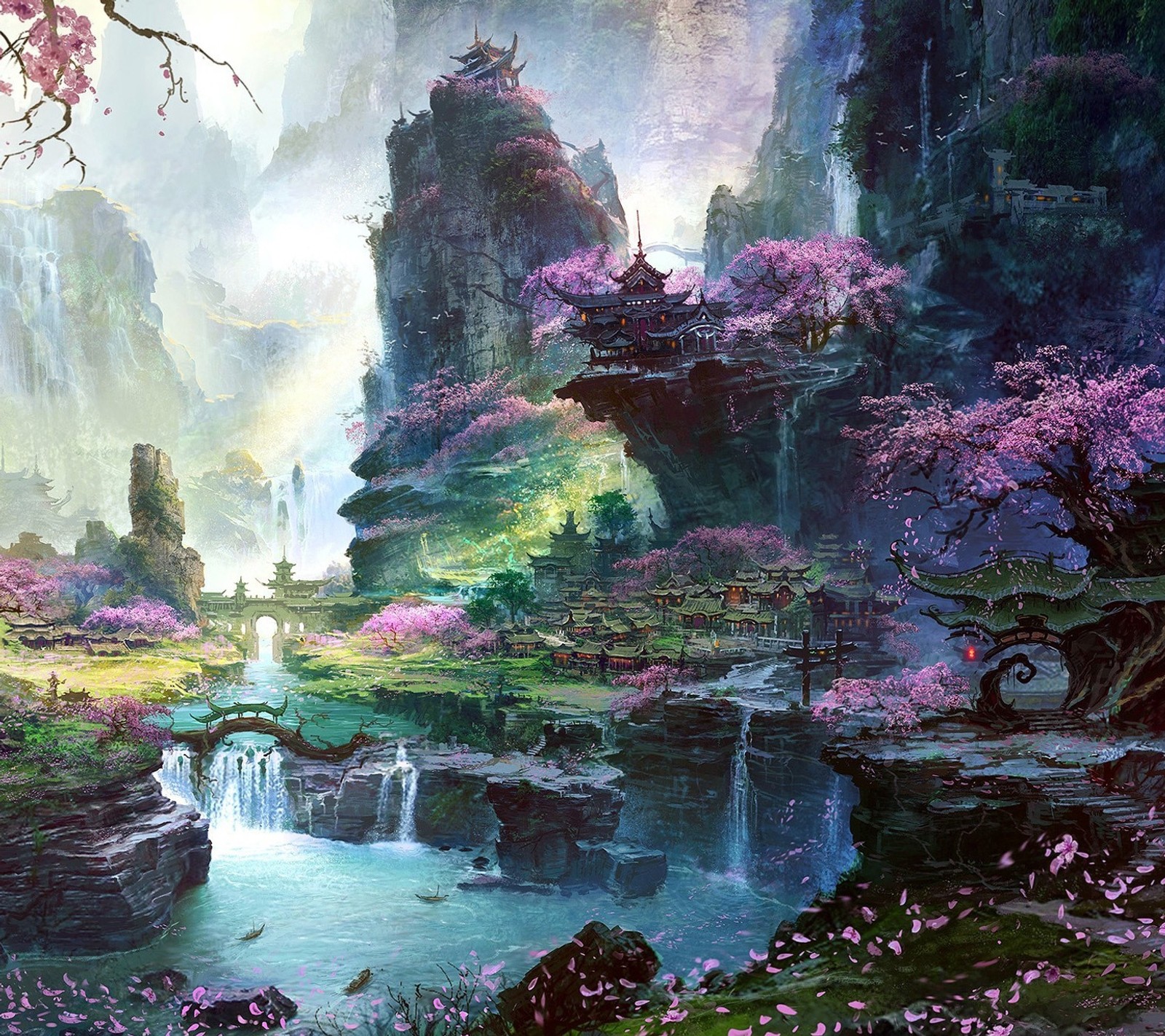 Peinture d'une cascade dans une vallée montagneuse avec une cascade (anime, amour)