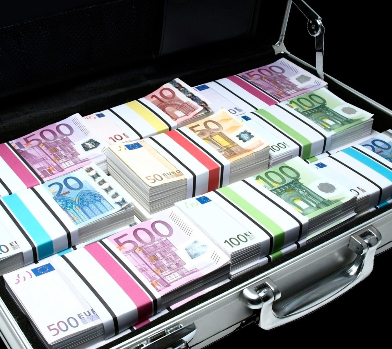 A close up of a suitcase filled with lots of money (banks, currency, euro, money)