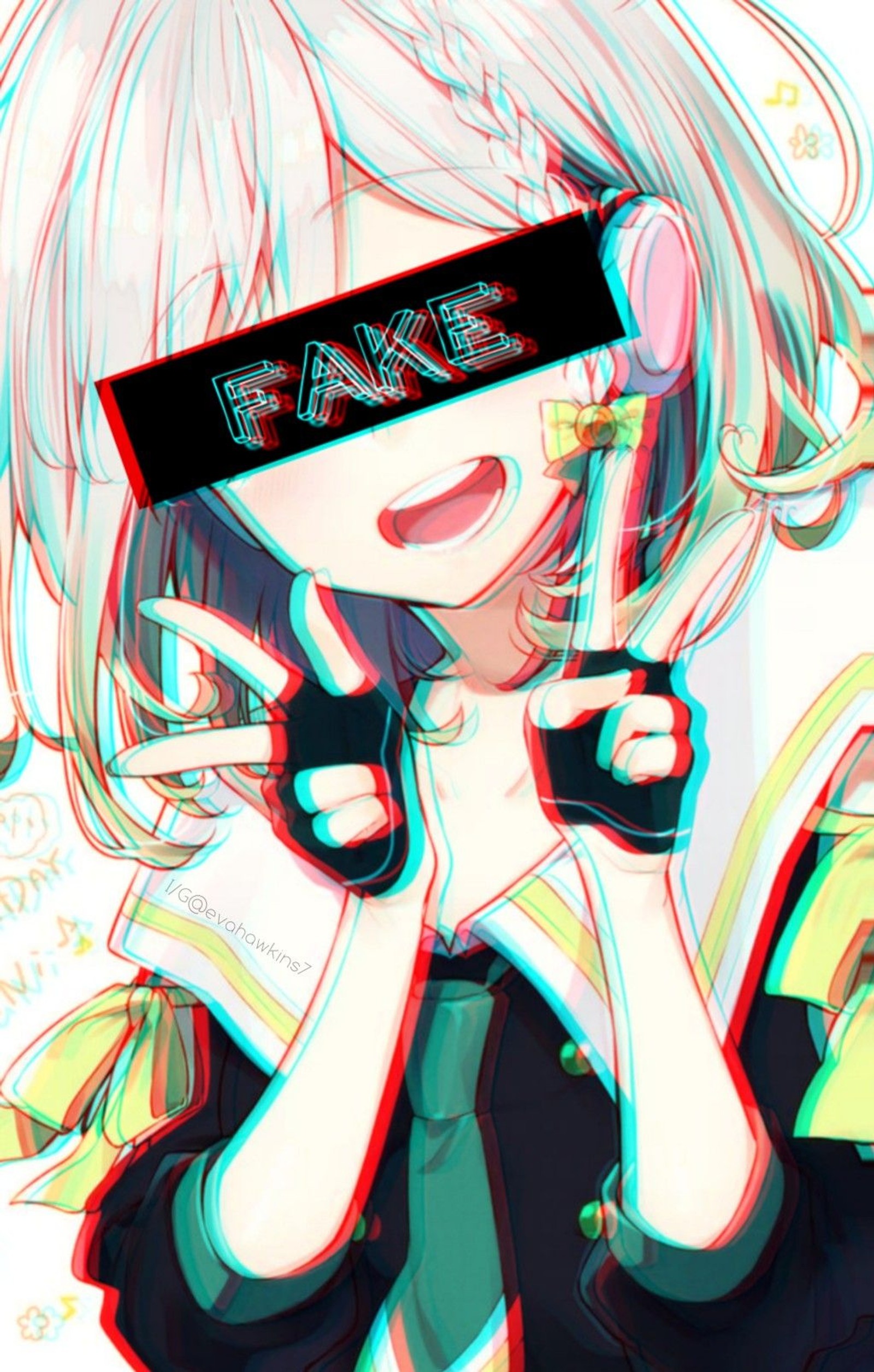 Chica de anime con gafas y un teléfono en la mano (estética, anime, falso, triste, vaperwave)