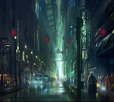 Neonbeleuchtete Gasse in einer futuristischen Cyberpunk-Stadt