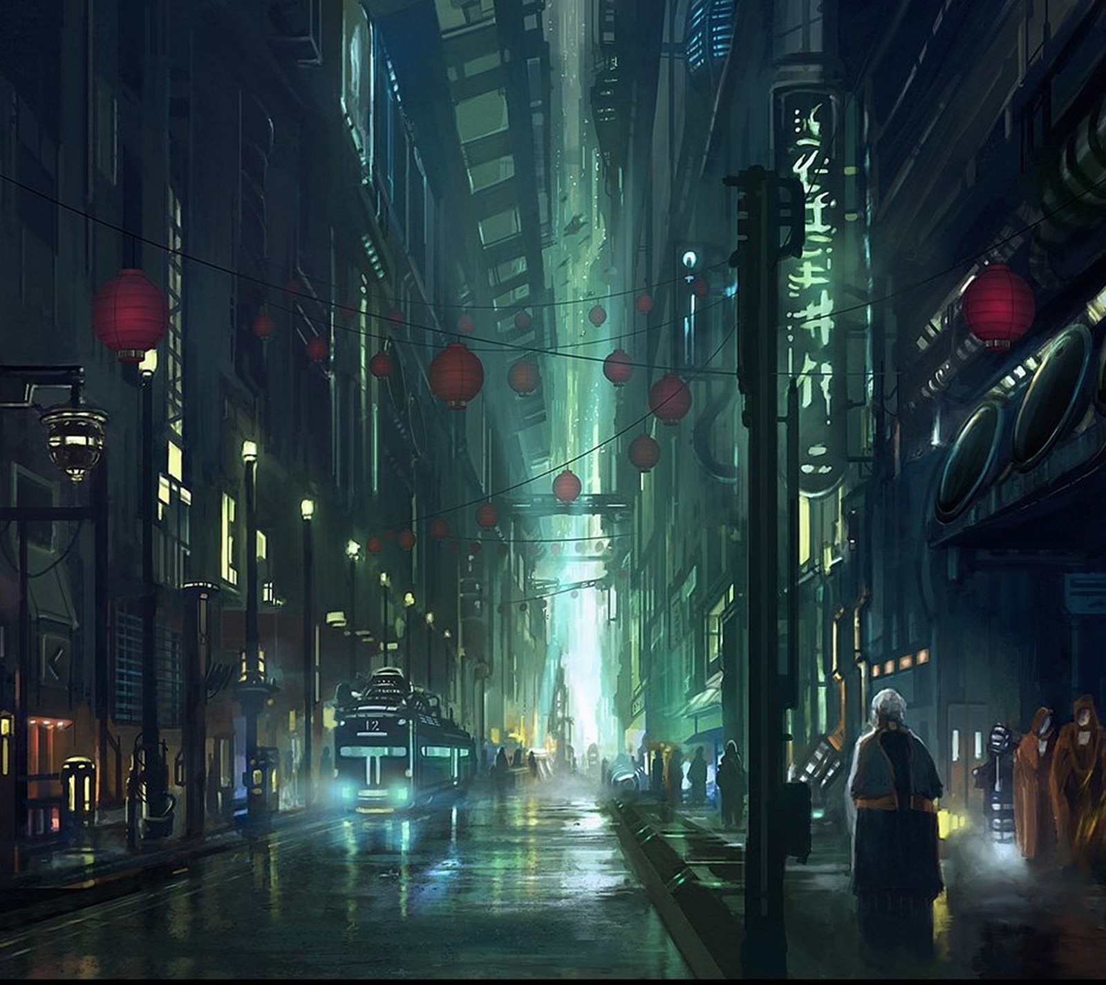 Escena de calle de anime con un hombre caminando por la calle (ciudad, cyberpunk, futuro, pintura, ciencia ficción)