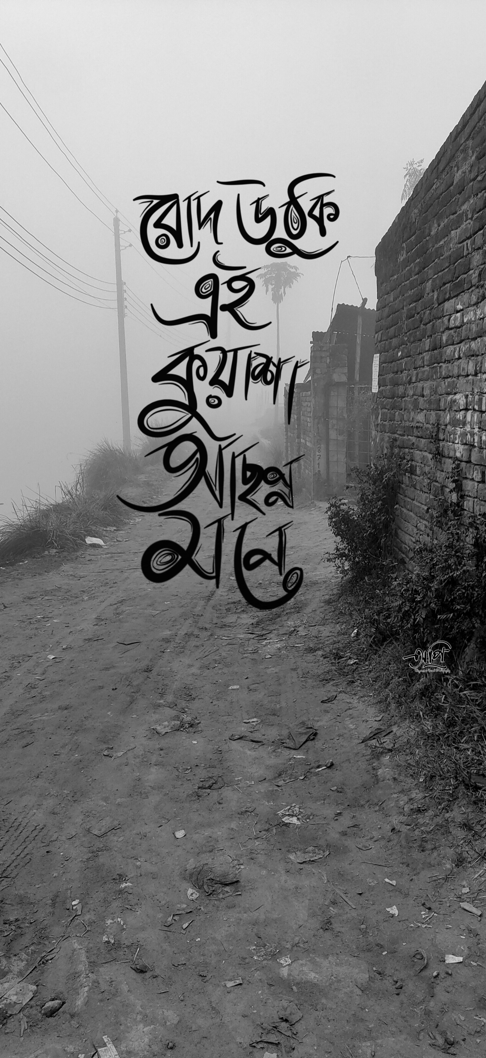 Graffiti on a wall in a rural area with a dirt road (api, bangla, bangla typography, lines, love)