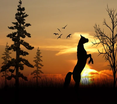 Silhouette of a rearing horse against a stunning sunset, framed by trees and flying birds.