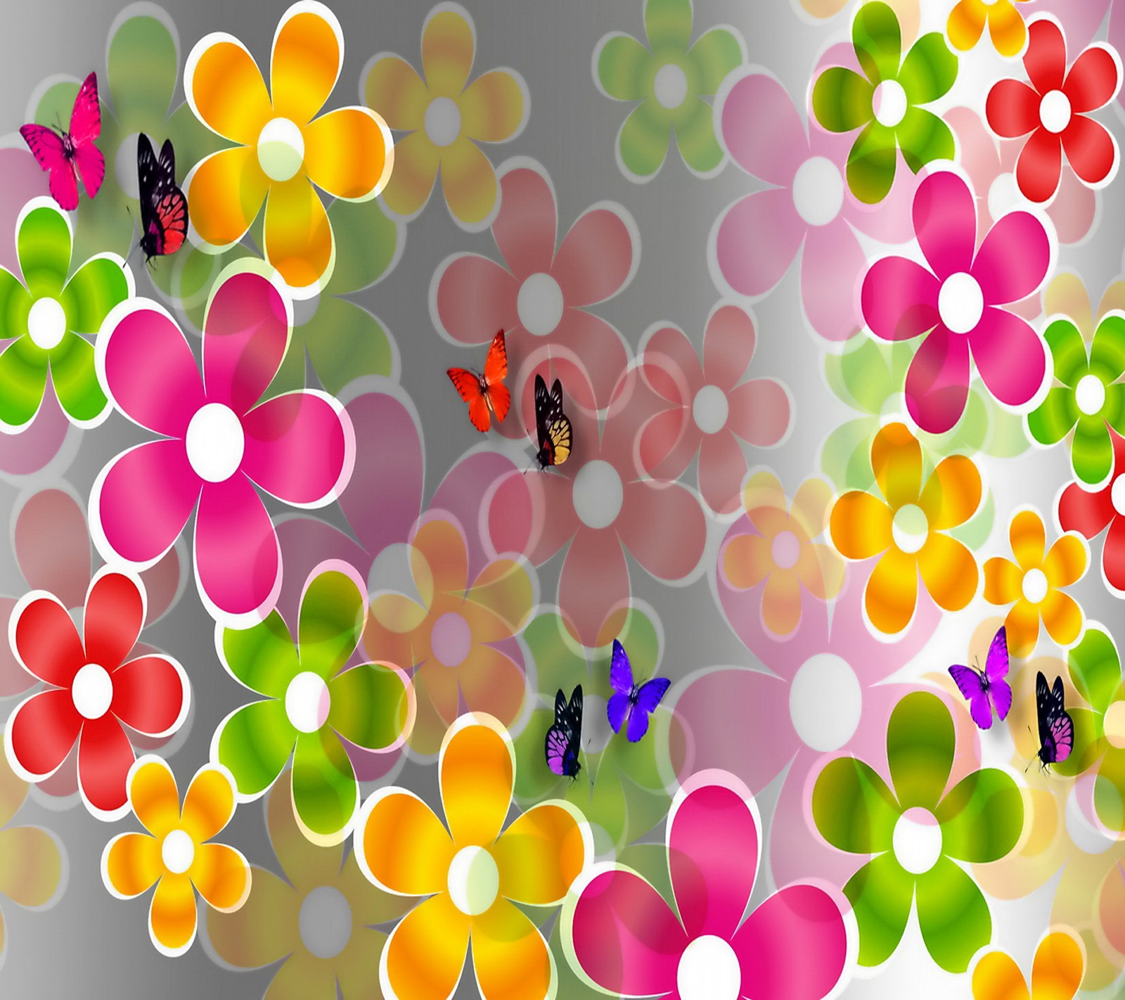 Bunt blühende blumen und schmetterlinge auf einem bunten hintergrund (schmetterlinge, collage, blumen, sommer)