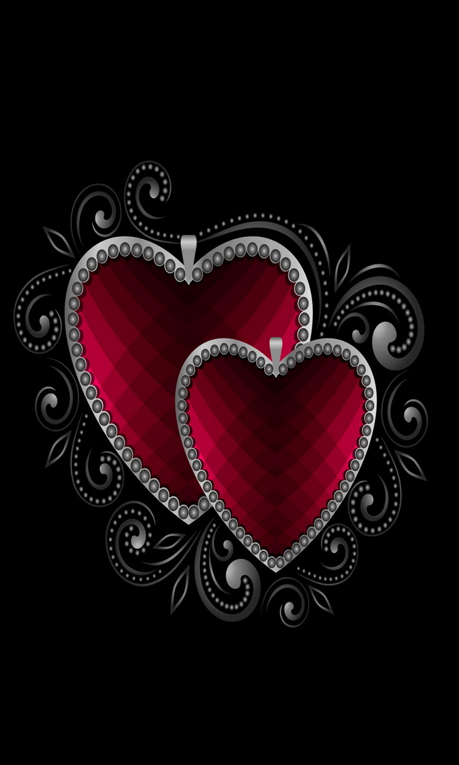 Two red hearts with silver hearts on a black background (abstract vector, background, love hearts, pink)