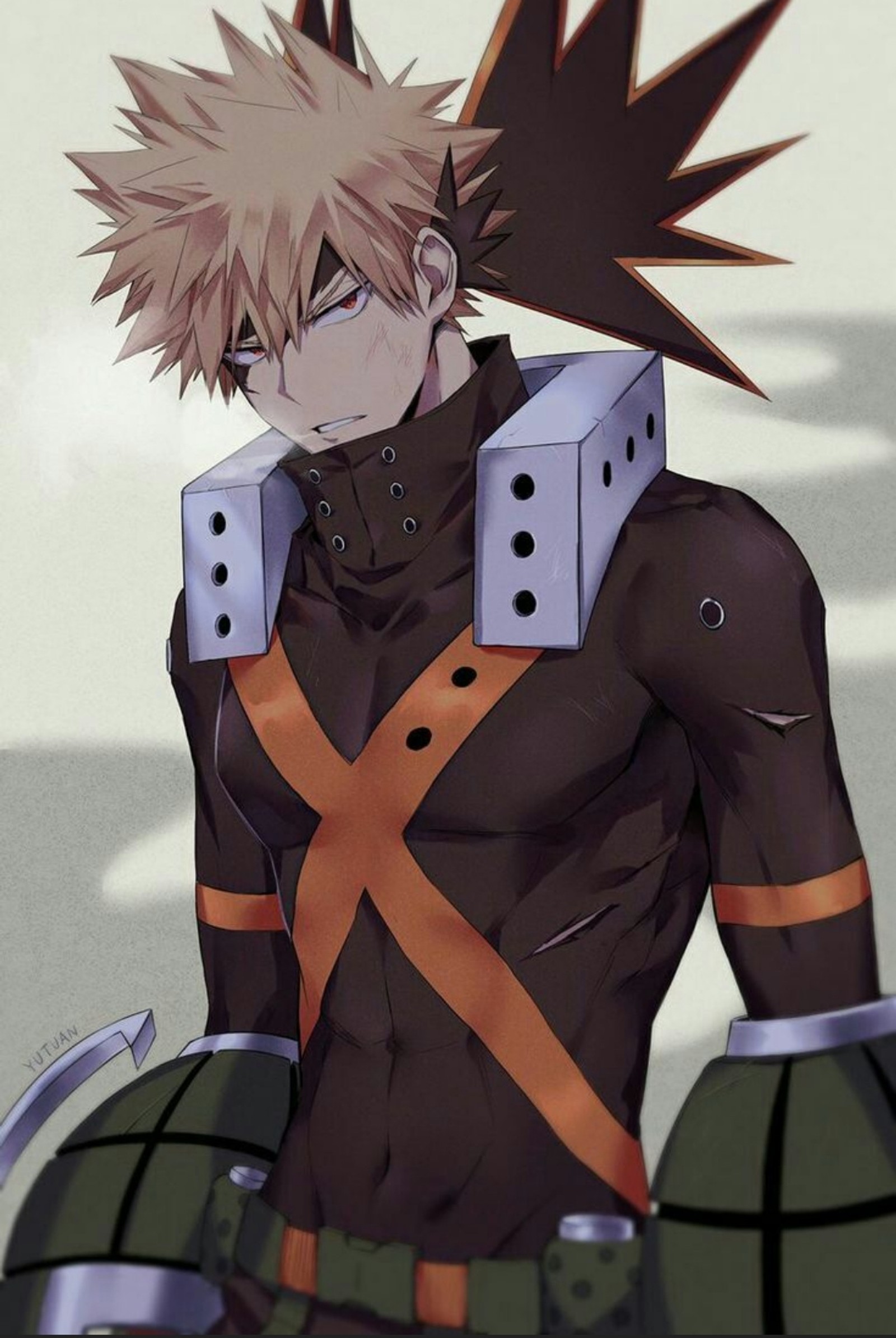 Personaje de anime con una espada y un traje negro (bnha, katsuki, myheroacademia)