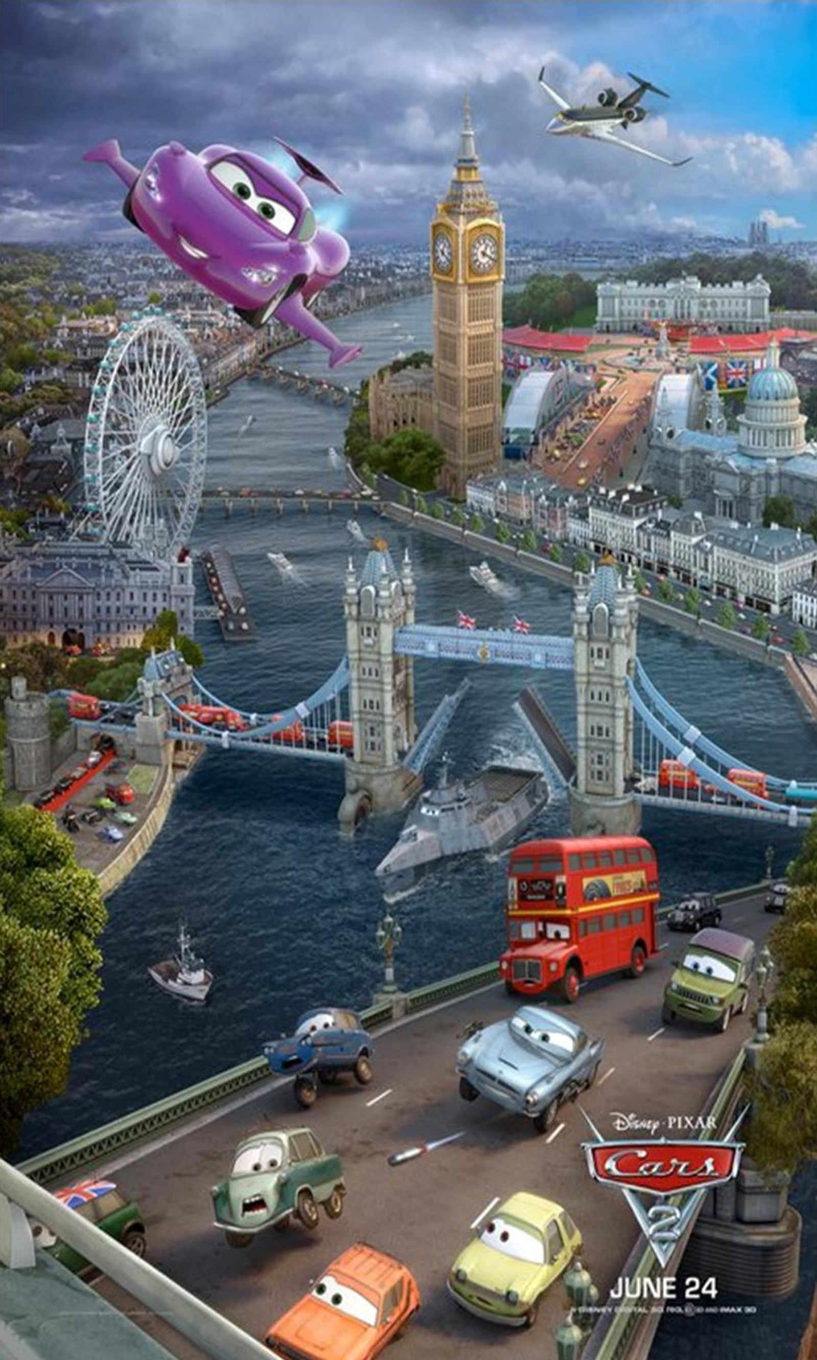 Carros estão passando por uma ponte com uma grande cidade ao fundo (carros, londres, london)