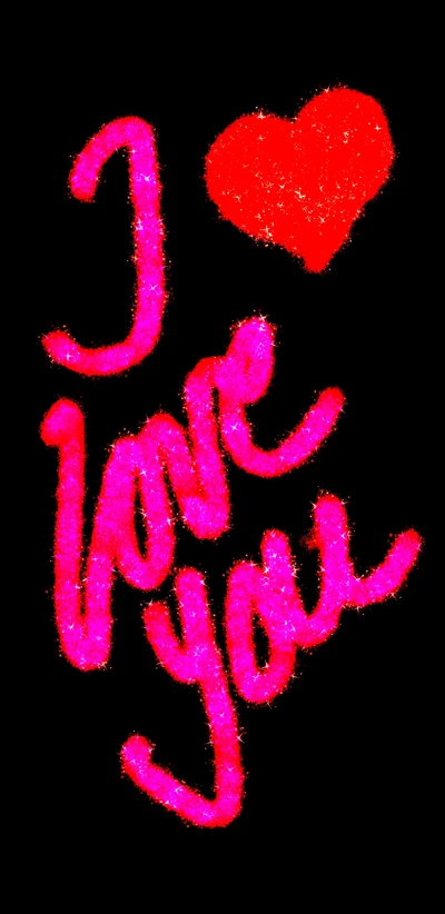 I Love You" in Bright Pink and Red Heart on Black Background