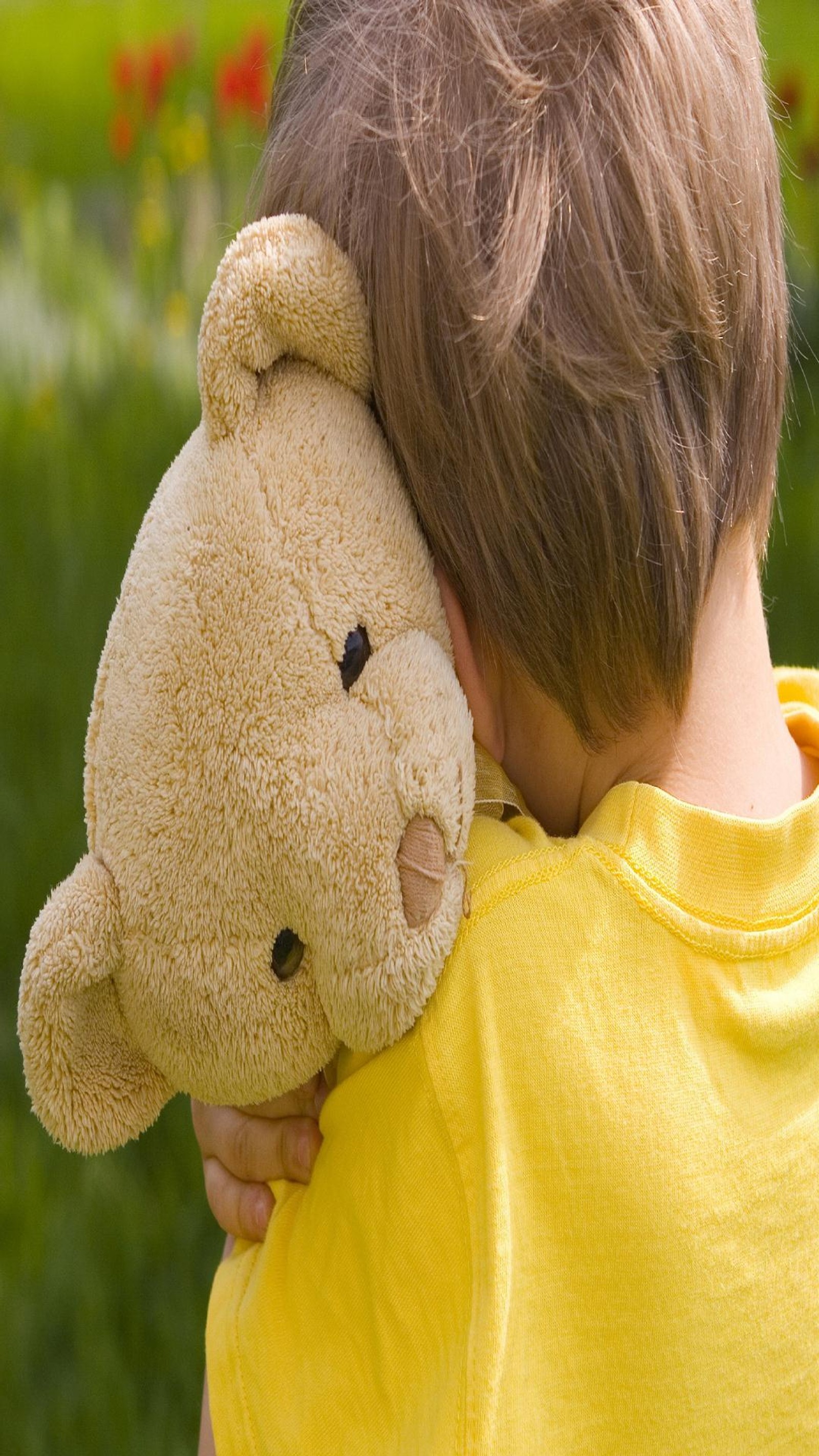 Ein junger junge umarmt einen teddybären auf einem feld (allein, für dich, liebe tut weh, vermissen, trauriger junge)