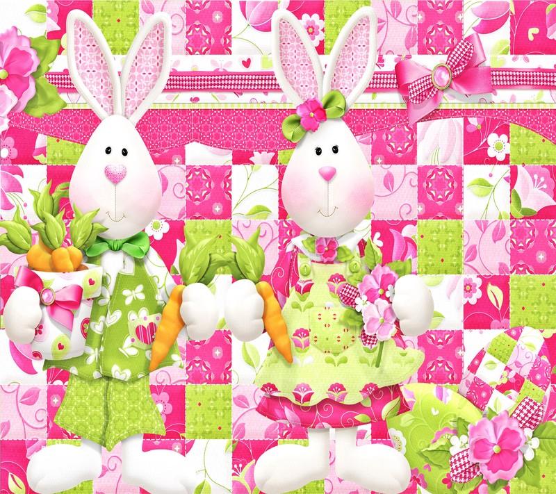 There are two bunnies that are sitting on a pink and green background (easter, wallpaper)