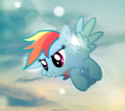 Rainbow Dash voando através de um céu vibrante.