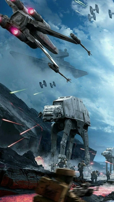 Batalla épica de Star Wars: los caminantes AT-AT y los luchadores rebeldes chocan en el cielo