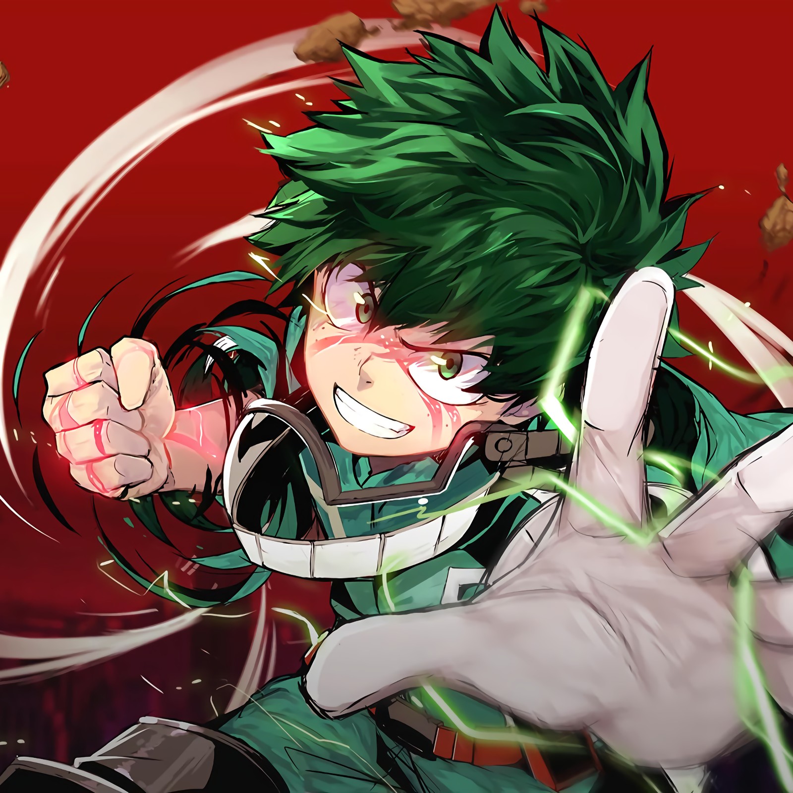 Anime character with green hair and a red background (anime, my hero academy)