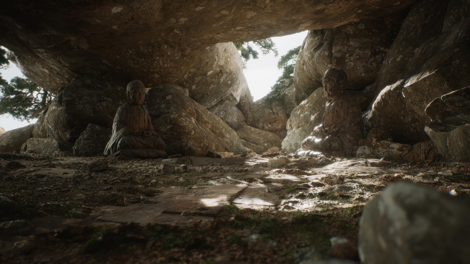 Una vista de una cueva con rocas y árboles al fondo (mito negro wukong, black myth wukong, videojuego, buda, buddha)