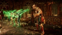 Johnny Cage delivers a powerful kick to Baraka in a dramatic Mortal Kombat 11 battle setting.