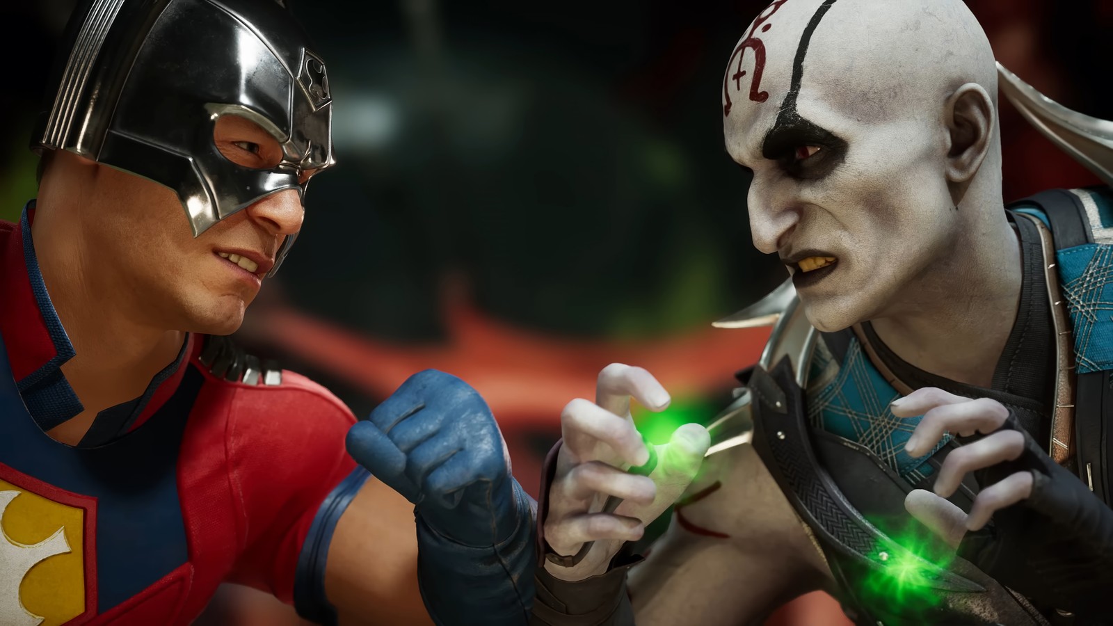 Há duas figuras de ação, um homem e uma mulher (pacificador, quan chi, mortal kombat 1, jogo de vídeo, mortal kombat)