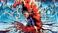 The Flash in dynamic motion, surrounded by energy and vibrant colors, showcasing his speed and determination.