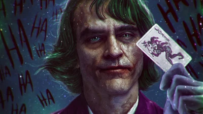 Coringa segurando uma carta de baralho com risadas ao fundo