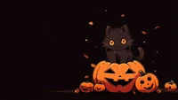 Escena de Halloween caprichosa con gato negro y calabazas iluminadas