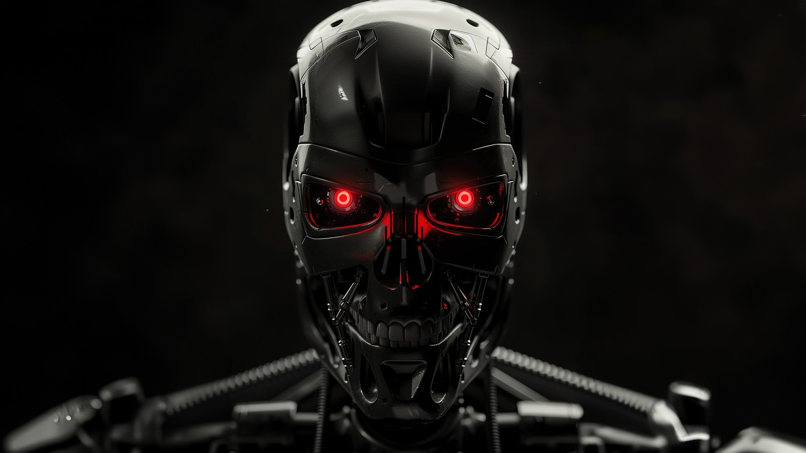 Un primer plano de un robot con ojos rojos y una cadena (terminador, terminator, fondo oscuro, 5k, arte de ia)