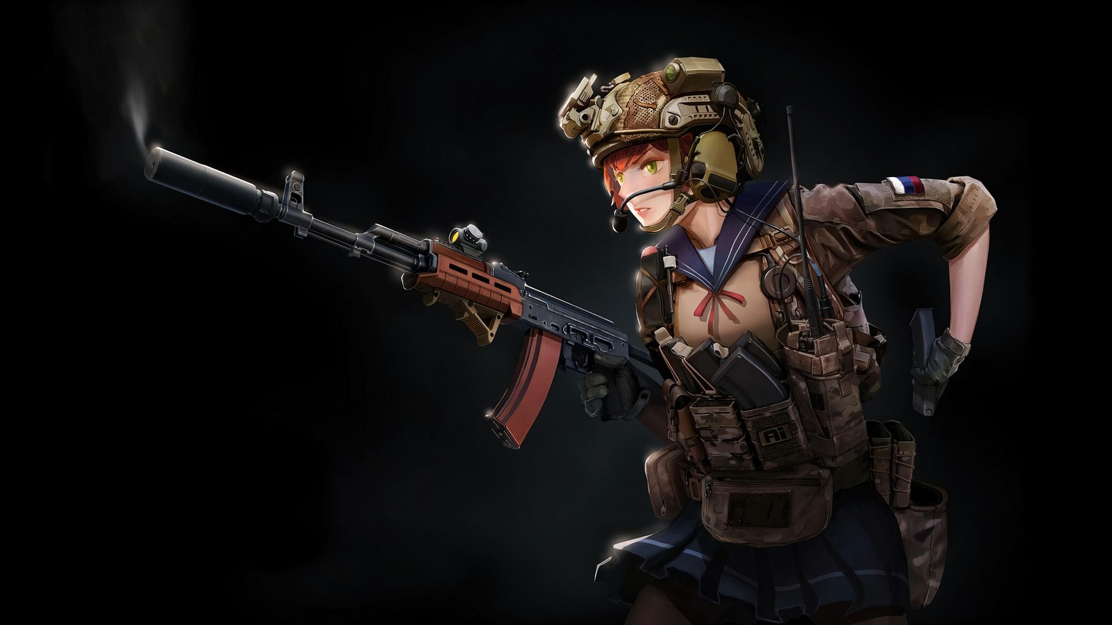 A woman in a military uniform holding a rifle (anime, anime girls, soldier, ak 74 m, rifle)