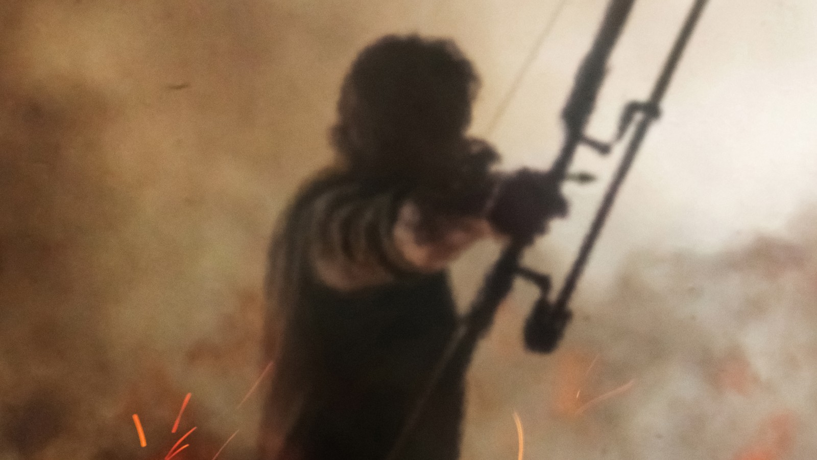 Someone is holding a bow and aiming at a fire (action, film, trailer, poster, teaser campaign)