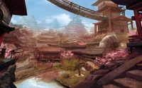 Paysage japonais enchanteur avec architecture traditionnelle et cerisiers en fleurs