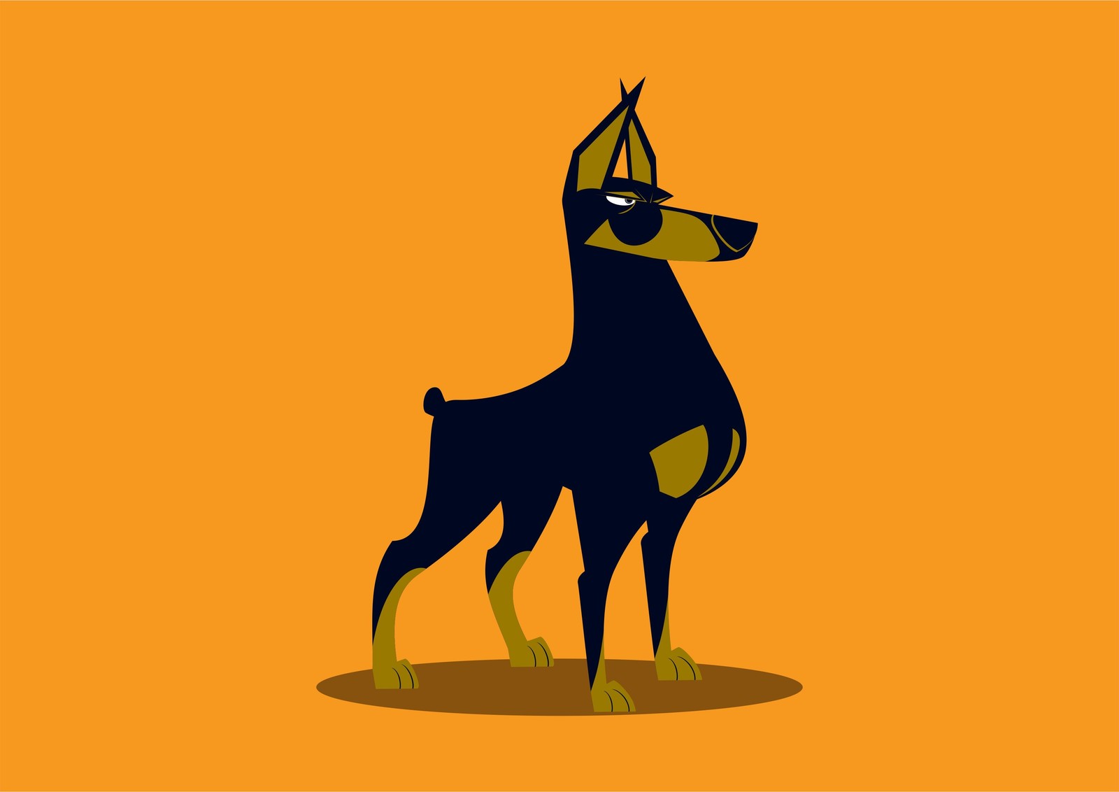 Un chien de dessin animé avec une couronne sur la tête se tenant devant un fond orange (doberman, chien de garde, danois, canidae, illustration)