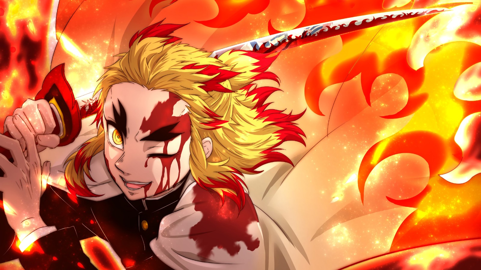 Un hombre con una espada en la mano y llamas de fondo (kyoujurou rengoku, kimetsu no yaiba, asesino de demonios kimetsu no yaiba, demon slayer kimetsu no yaiba, anime)