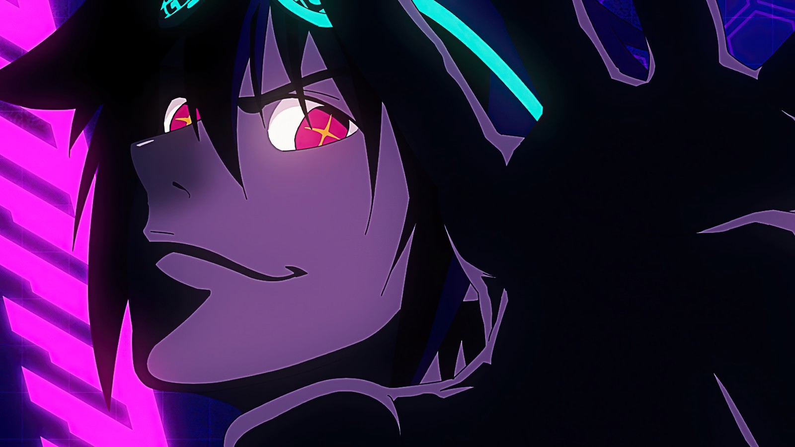 Anime character with glowing eyes and black hair in a neon room (god of high school, goh, anime, jin mori, jin mo ri)