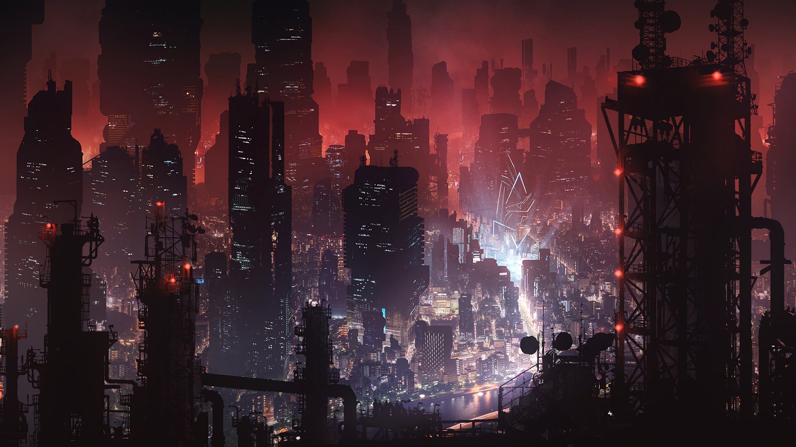 Une vue d'une ville la nuit avec une lumière rouge (science fiction, nuit, art numérique)